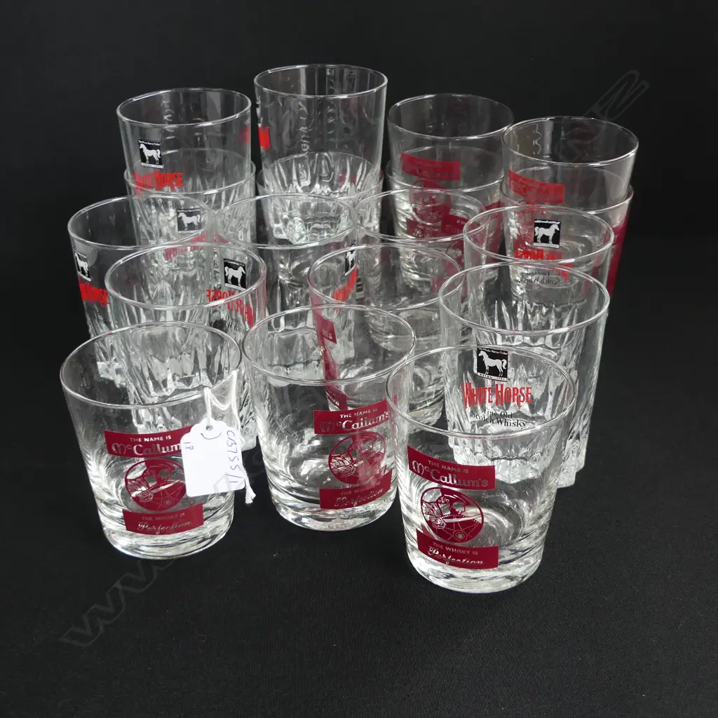 18 VINTAGE SCOTCH WHISKY GLASSES, WHITE HORSE/McCALLUMS, H.85-90mm Image 1++