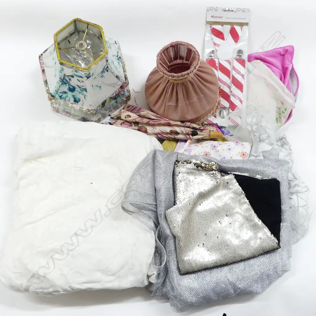 ASST. FABRICS, CUSHION COVERS, LAMP SHADES, ANTIQUE KEWPIE UMBRELLA ETC IN WHITE CANE BASKET Image 1++