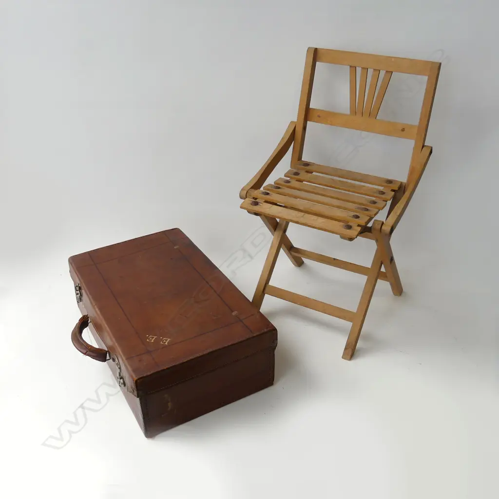 VINTAGE LEATHER SUITCASE 'E.E' W.460mm, CHILDS WOODEN FOLDING CHAIR Image 1++