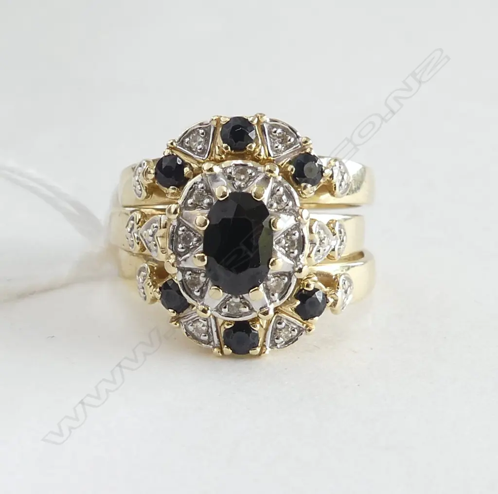 10CT 3 RING SET SAPPHIRE? & DIAMOND 5.8gms SIZE J Image 1++