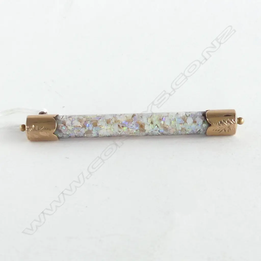 9CT TUBE BROOCH w. OPAL FLECKS L.60mm Image 1++