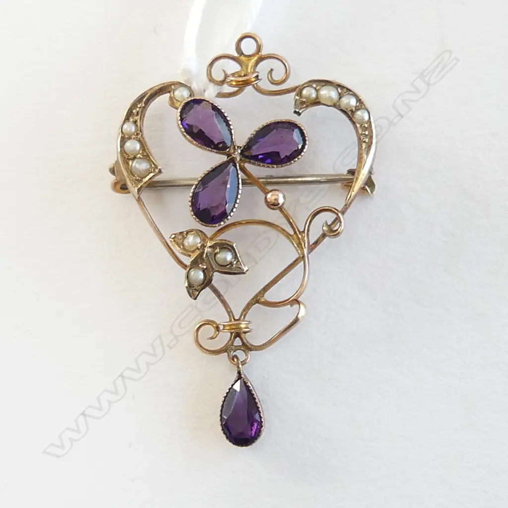 EDWARDIAN 9ct YELLOW GOLD Purple glass & seed pearl PENDANT  2.1gms Image 1++