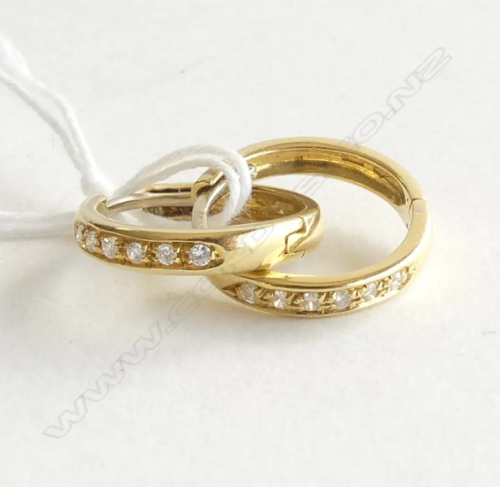 Pair 18ct YELLOW GOLD & 6 DIAMONDS EACH HOOP EARRINGS 4.8gms Image 1++