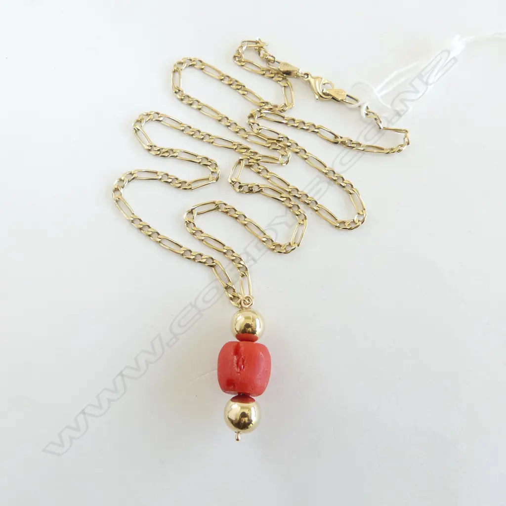 SUMERIAN CARNELIAN BEAD Egyptian 2599BC in 9ct gold ball pendant + 9ct gold chain 55cm L 9.6gm total Image 1++