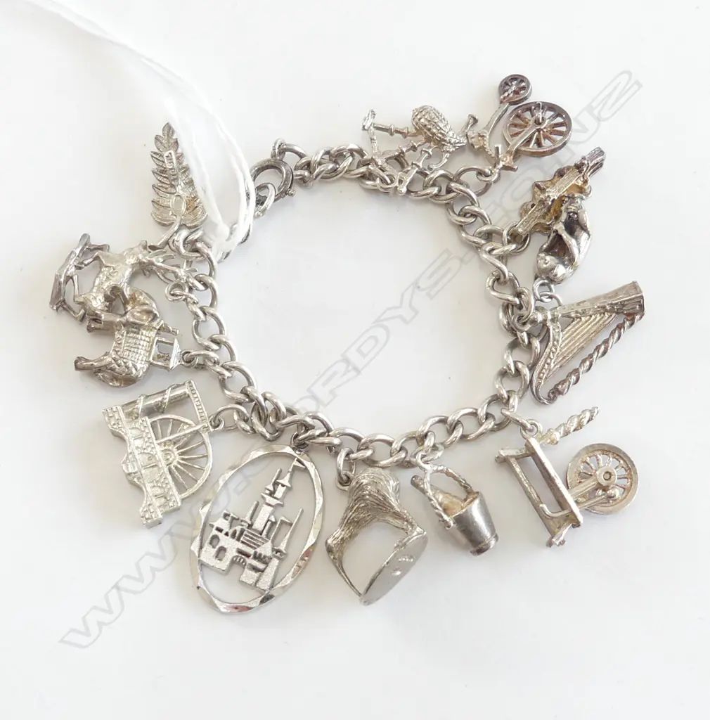 SILVER CHARM BRACELET charms include kiwi. London Bridge. Irish harp. Elephant etc  Image 1++