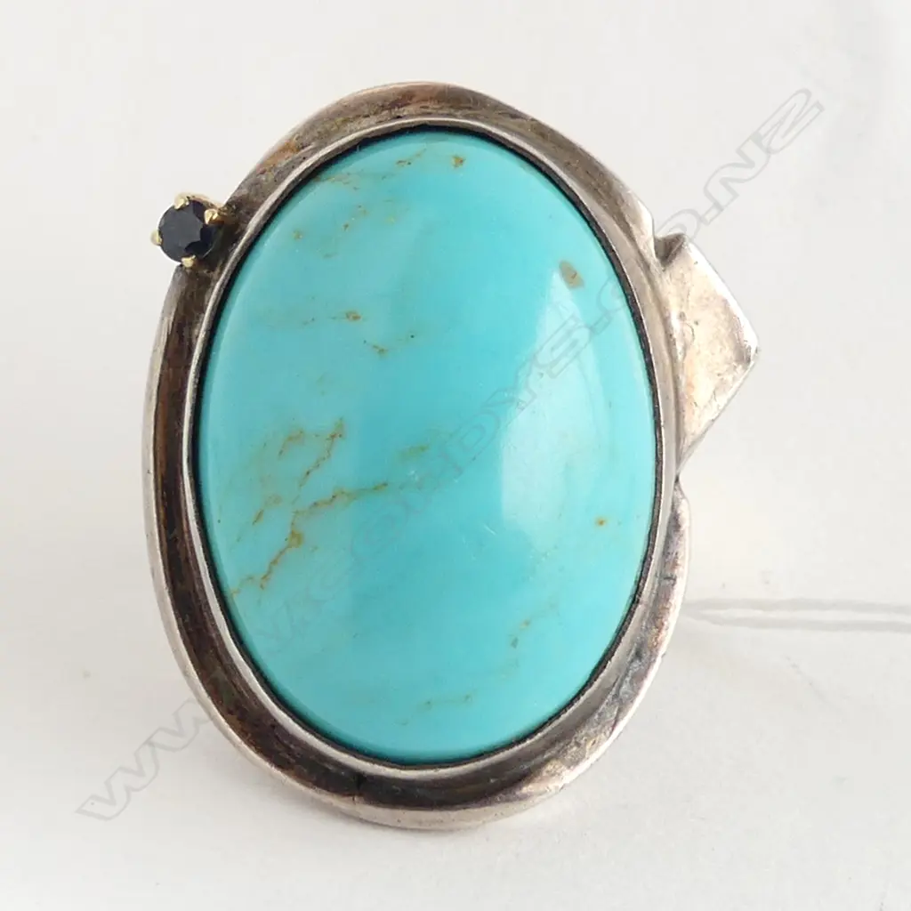 LG SILVER & TURQUOISE RING, UNMARKED 42.2gms 40x35mm SIZE U ? Image 1++