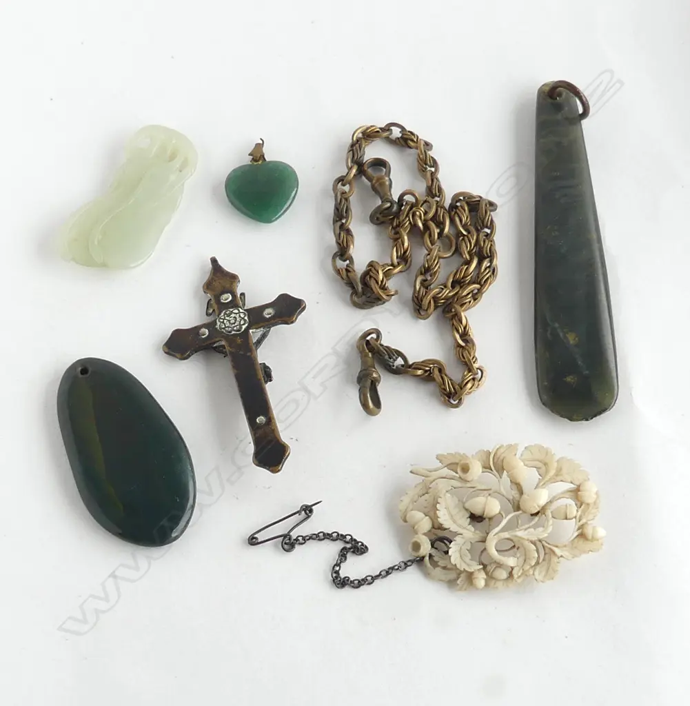 ASST. JEWELLERY; 3 GREENSTONE & 1 BLOODSTONE PENDANTS L.105mm, GP CHAIN, IVORY BROOCH, CRUCIFIX Image 1++