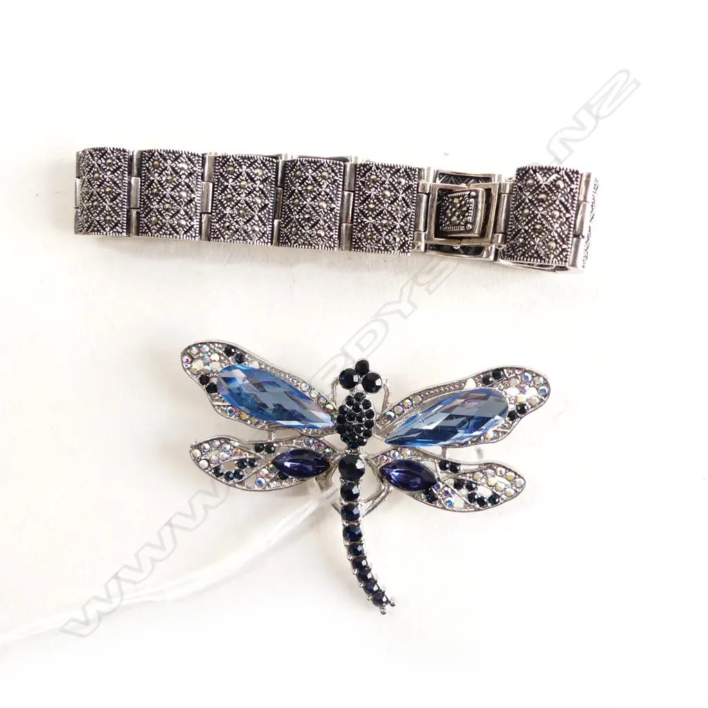 925 SILVER & MARCASITE BRACELET + MODERN COSTUME DRAGONFLY BROOCH W.60mm Image 1++