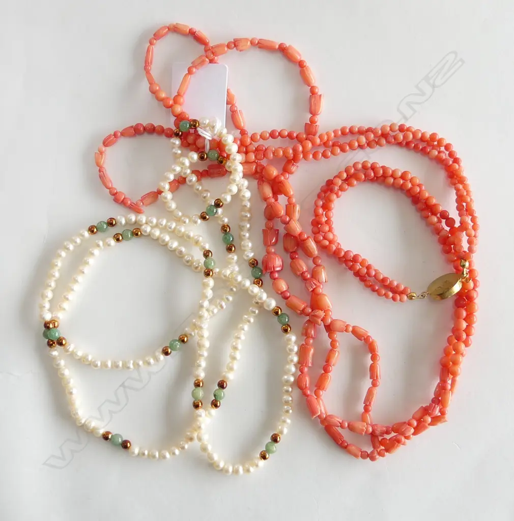 2 NECKLACES; RED DYED CORAL?, SEED PEARL Image 1++