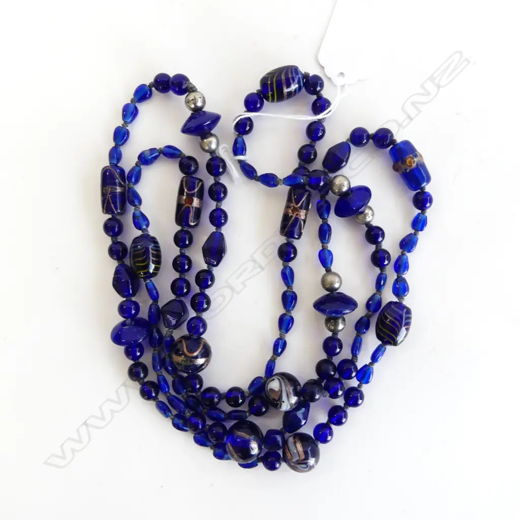 VINTAGE BEADED BLUE GLASS NECKLACE L.1400mm Image 1++