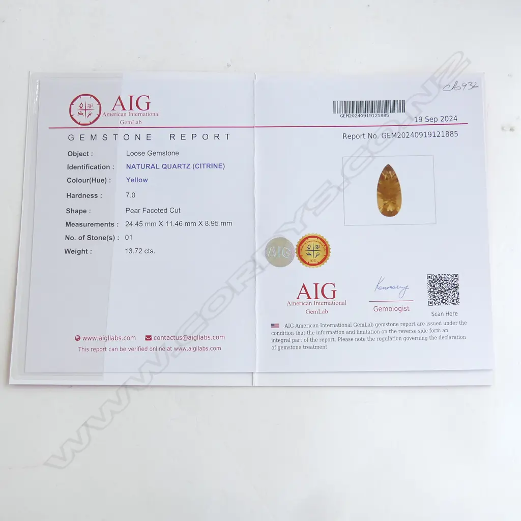 NATURAL LEMON QUARTZ 11.09ct, PEAR FACET CUT, AIG REPORT Image 1++