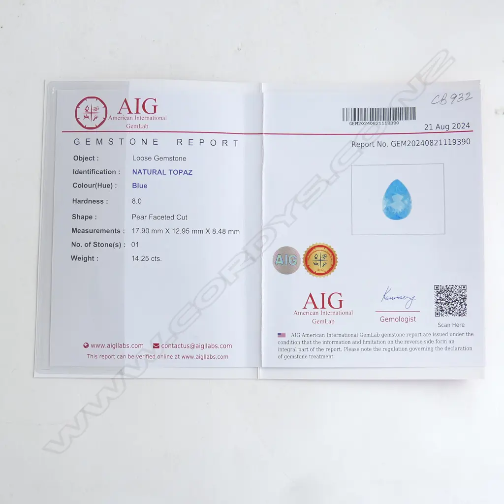 NATURAL BLUE TOPAZ 14.25cts, PEAR FACET CUT, AIG REPORT Image 1++