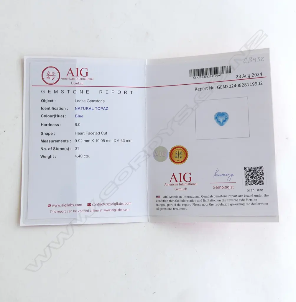 NATURAL BLUE TOPAZ 4.40ct, HEART FACETED CUT, AIG REPORT Image 1++