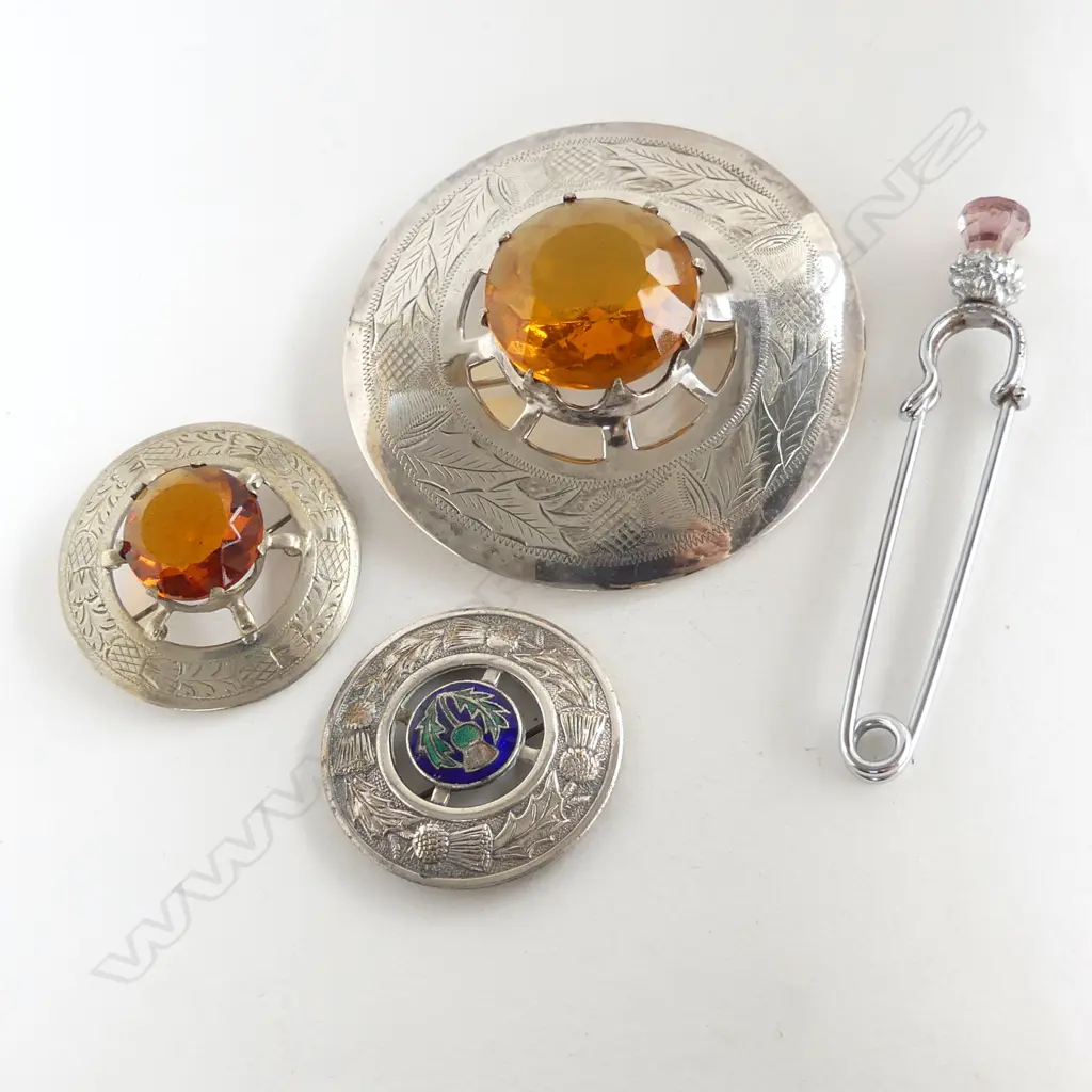 THREE SILVERPLATE SCOTTISH CAIRNGORM BROOCHES AND THISTLE KILT PIN Image 1++