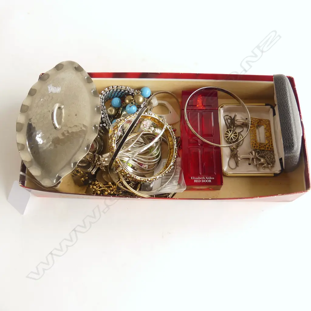 TRAY COSTUME BRACELETS, PR CUFFLINKS, METAL TRINKET BOX & ELIZABETH ARDEN RED DOOR Image 1++