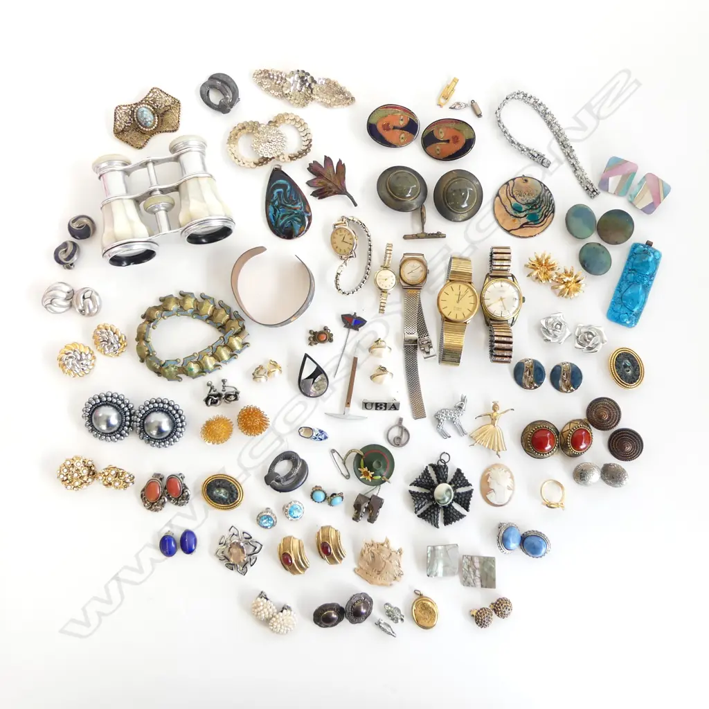 ASST. COSTUME JEWELLERY; EARRINGS, WATCHES, MoP OPERA GLASSES ETC Image 1++