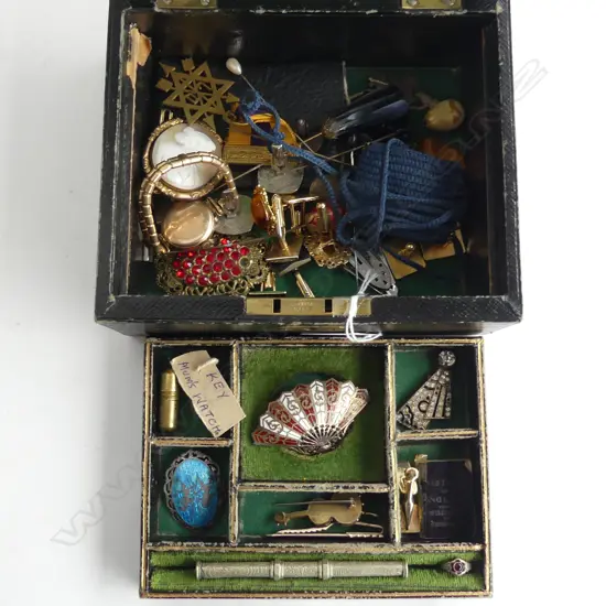 BOX OF VINTAGE COSTUME JEWELLERY ETC silver enamel Siam brooch + micro mosaic guitar etc