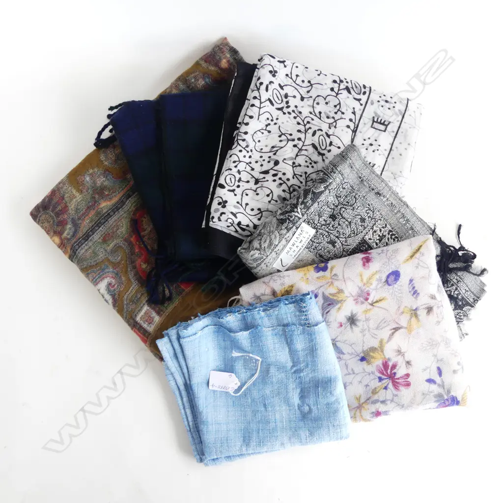 6 ASST. SCARVES/SHAWLS, SILK & CASHMERE (2 with tiny holes) Image 1++