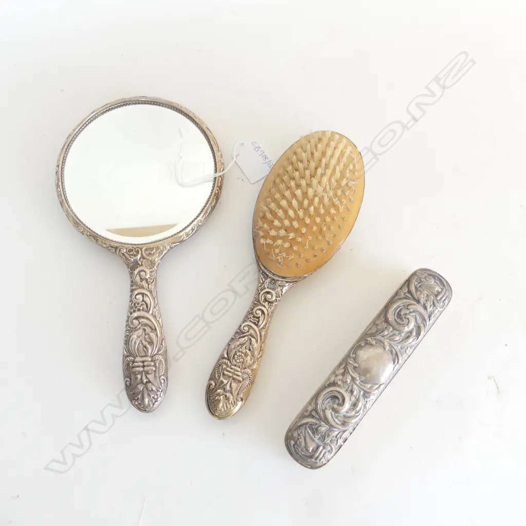 3 PCE STG SILVER DRESSING SET; HAND MIRROR, 2 BRUSHES, B'HAM 1976 Image 1++