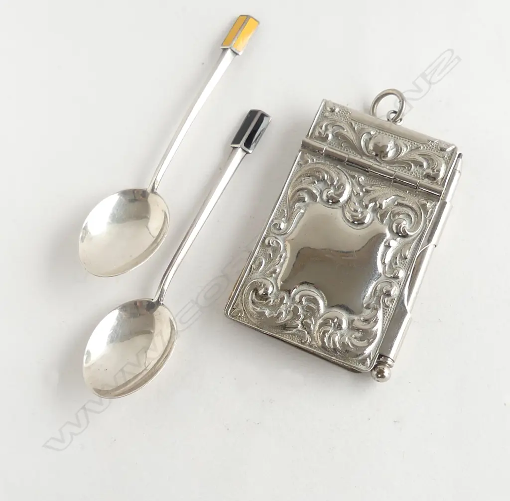 EDWARDIAN SILVER PLATE NOTEBOOK/2 SILVER COFFEE SPOONS Image 1++