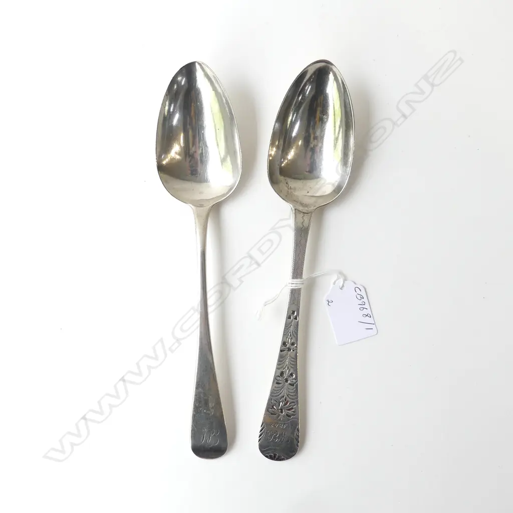 TWO STG SILVER TABLESPOONS GEO III LONDON 1815, & LONDON 1843, 136gms, L.225MM Image 1++