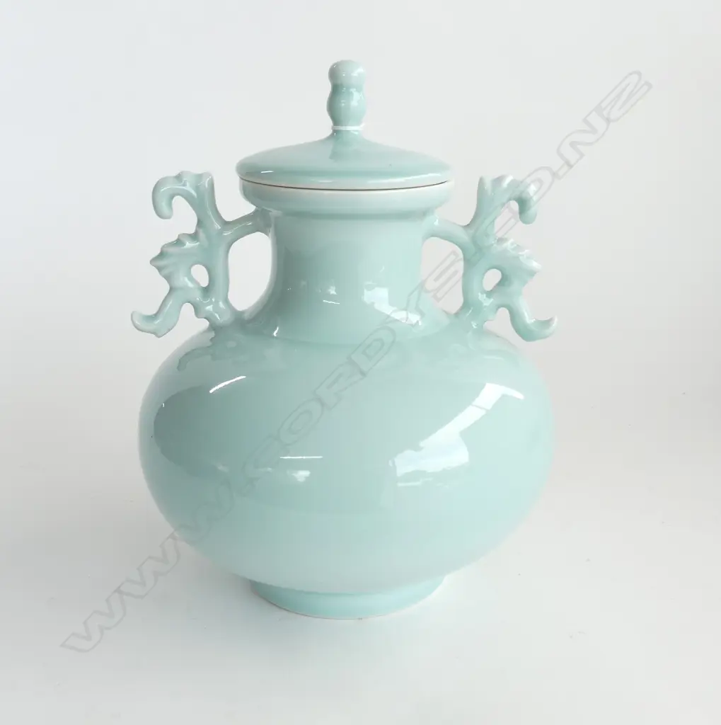 CHINESE 2 HANDLED LIDDED CELODON VASE  H280MM Image 1++