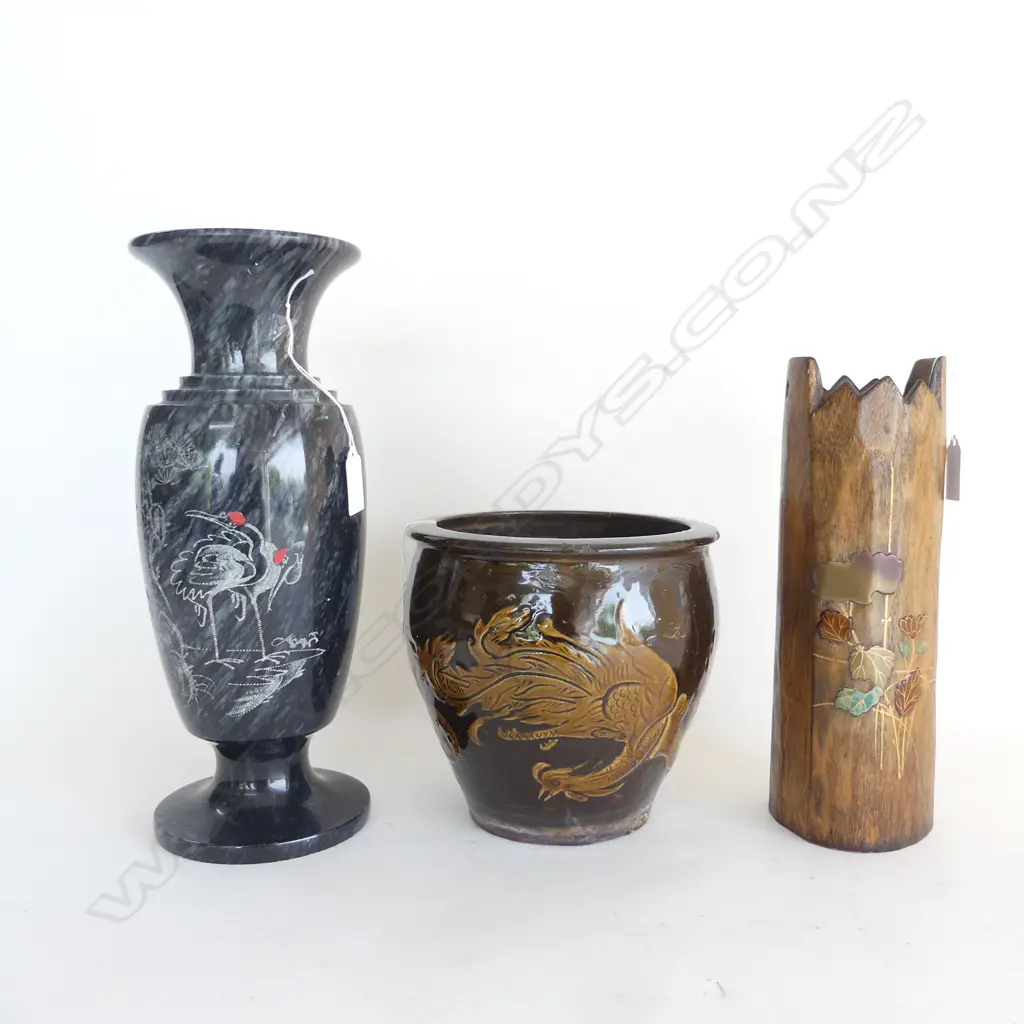 VINTAGE CHINESE ETCHED MARBLE/ONYX VASE H.320mm, FLOWER POT w DRAGON MOTIF H.180mm & CARVED BAMBOO VASE H.270mm Image 1++