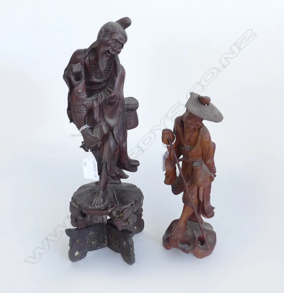 PR VINTAGE CARVED WOODEN CHINESE FIGURES, 1 ON STAND H.370mm FISHERMAN H.270mm  Image 1++