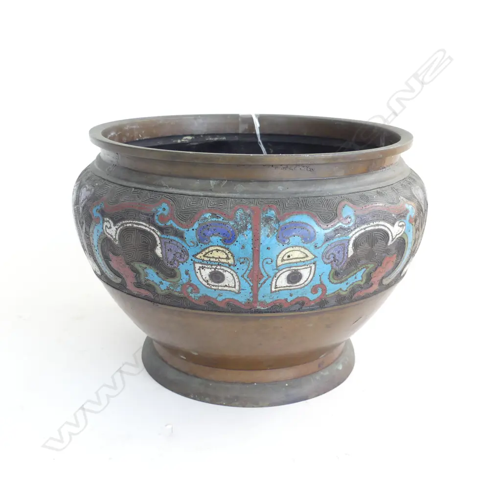 ORIENTAL CHAMPLEVE ENAMEL JARDINERE w TAO TIE MASK MOTIFS H.200mm dia.230mm (minor faults to enamel) Image 1++