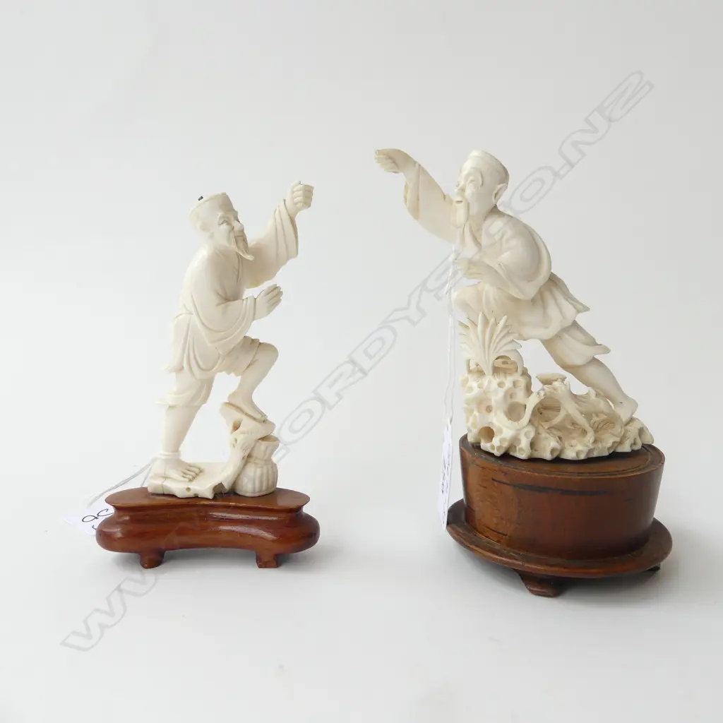 2 CHINESE IVORY FIGURINES ON WOODEN STANDS, (both missing spear, 1 missing cap) H.140mm & 130mm Image 1++