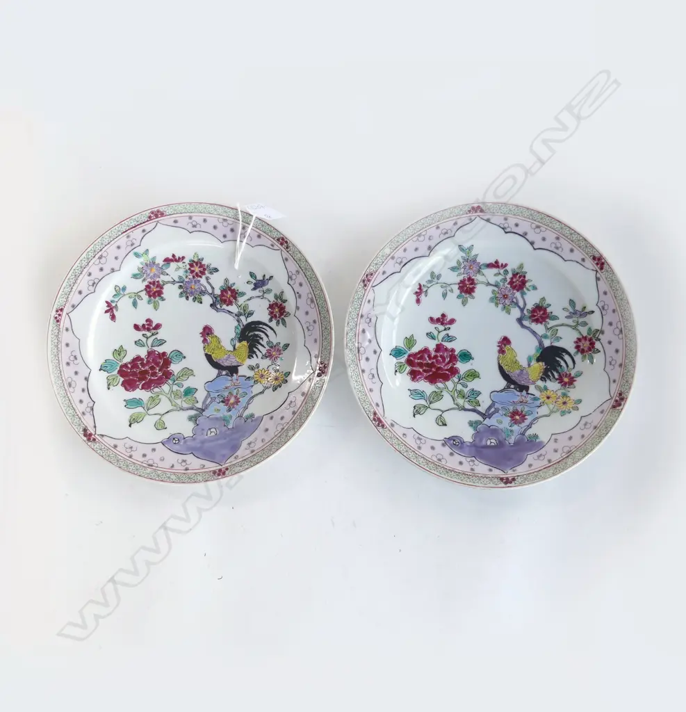 PR 18thC? style CHINESE EXPORT FAMILLE ROSE PLATES Dia.215mm Rooster & Peony pattern Image 1++