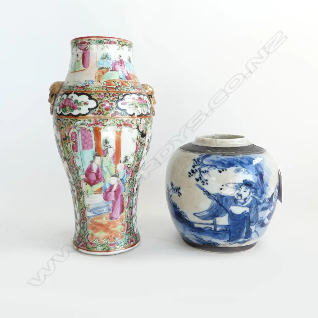 2 PCS; CHINESE FAMILE ROSE VASE w DECORATIVE HANDLES H.230mm (sml chips to rim) & B/W GINGER JAR w FIGURES H.125mm Image 1++