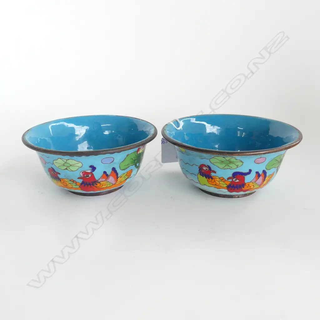 PR CHINESE CLOISONNE BOWLS blue w water fowl Dia.130mm Image 1++