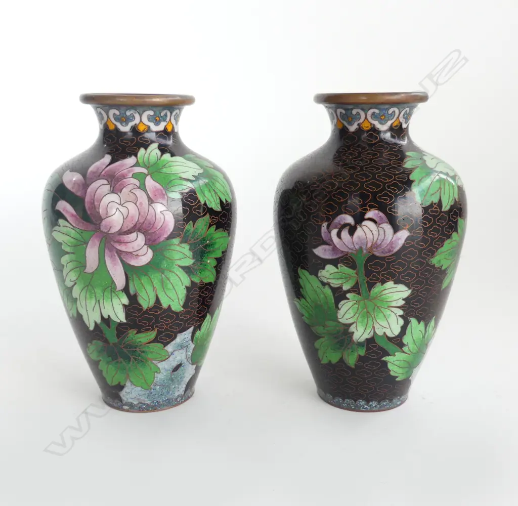 PR CHINESE CLOISONNE VASES black ground w florals & butterflies H. Image 1++