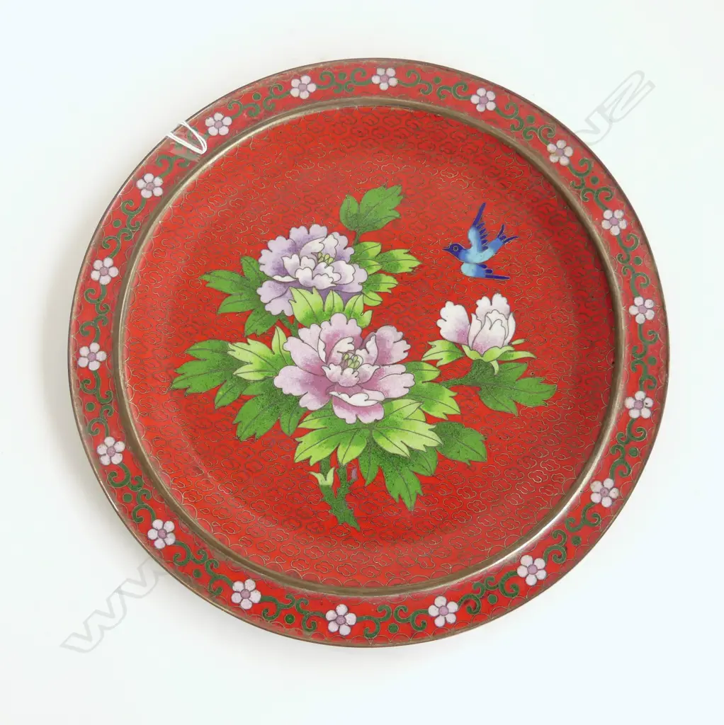 CHINESE CLOISONNE RED GROUND DISH chrysanthemum& bird Dia.280mm Image 1++
