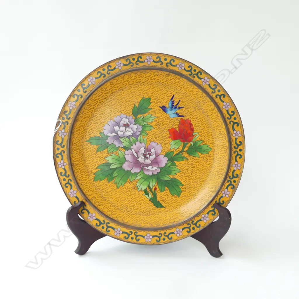 CHINESE CLOISONNE YELLOW GROUND DISH chrysanthemum& bird Dia.280mm on stand  Image 1++