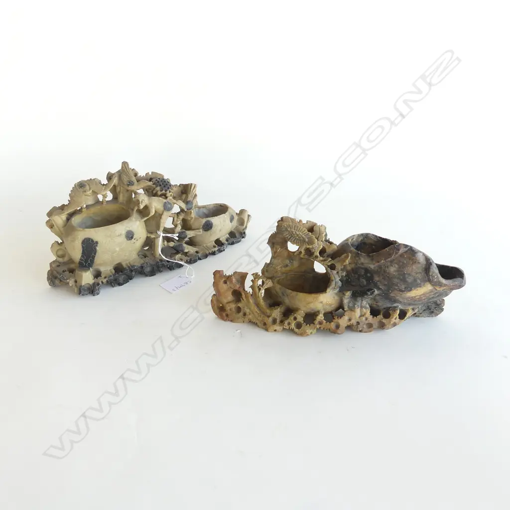 2 ORIENTAL CARVED SOAPSTONE BRUSH / WATER POTS W.265mm Image 1++