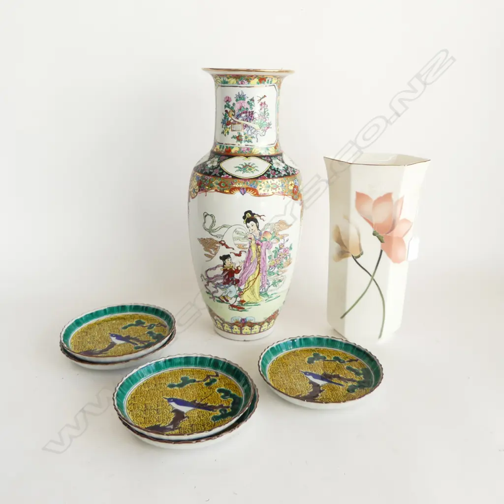 CHINESE VASE H.375mm rim repaired, JAPANESE VASE H.265mm, 5 CHINESE PLATES 160mm dia Image 1++