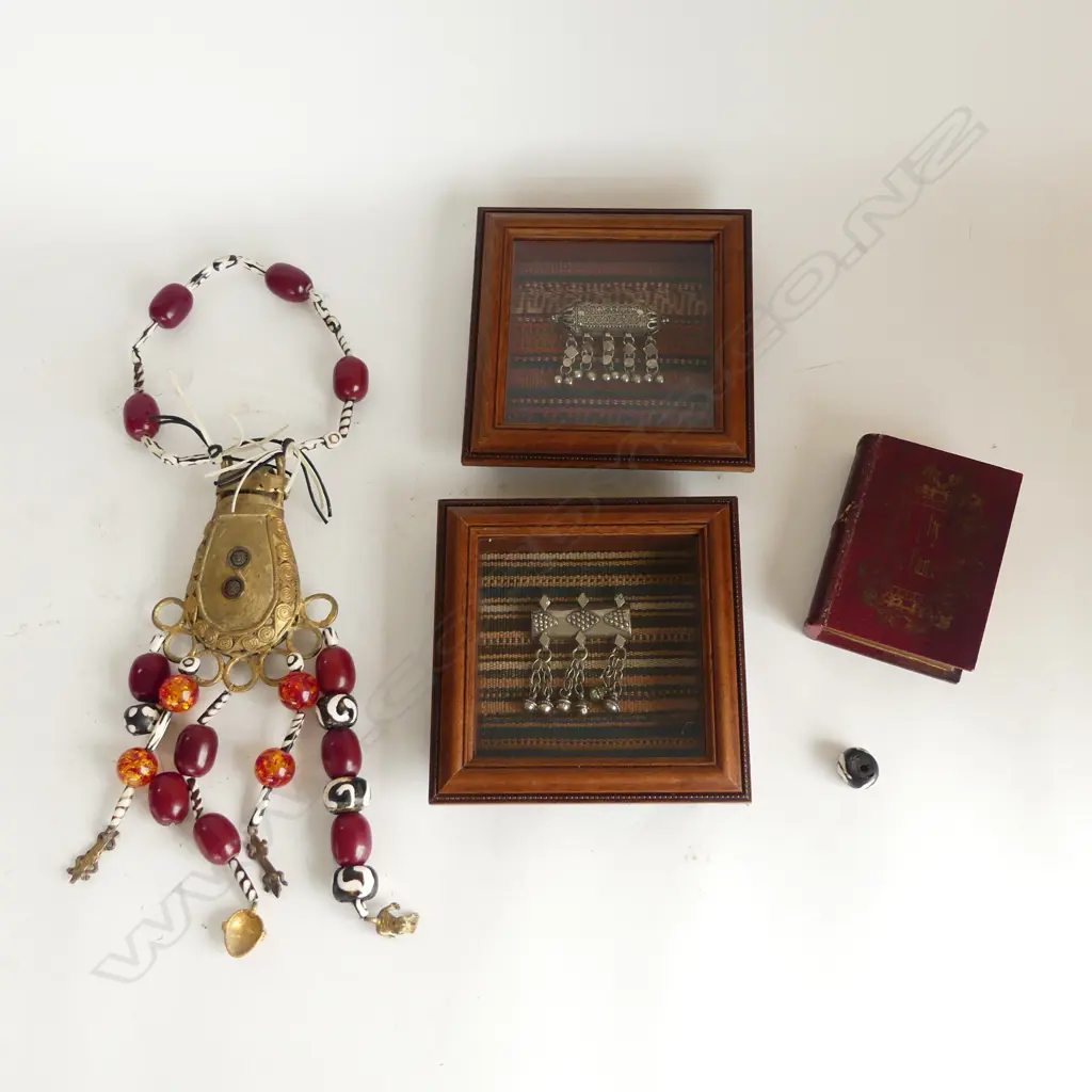 2 FRAMED METAL PENDANTS, NECKLACE, 'BOOK' BOX Image 1++