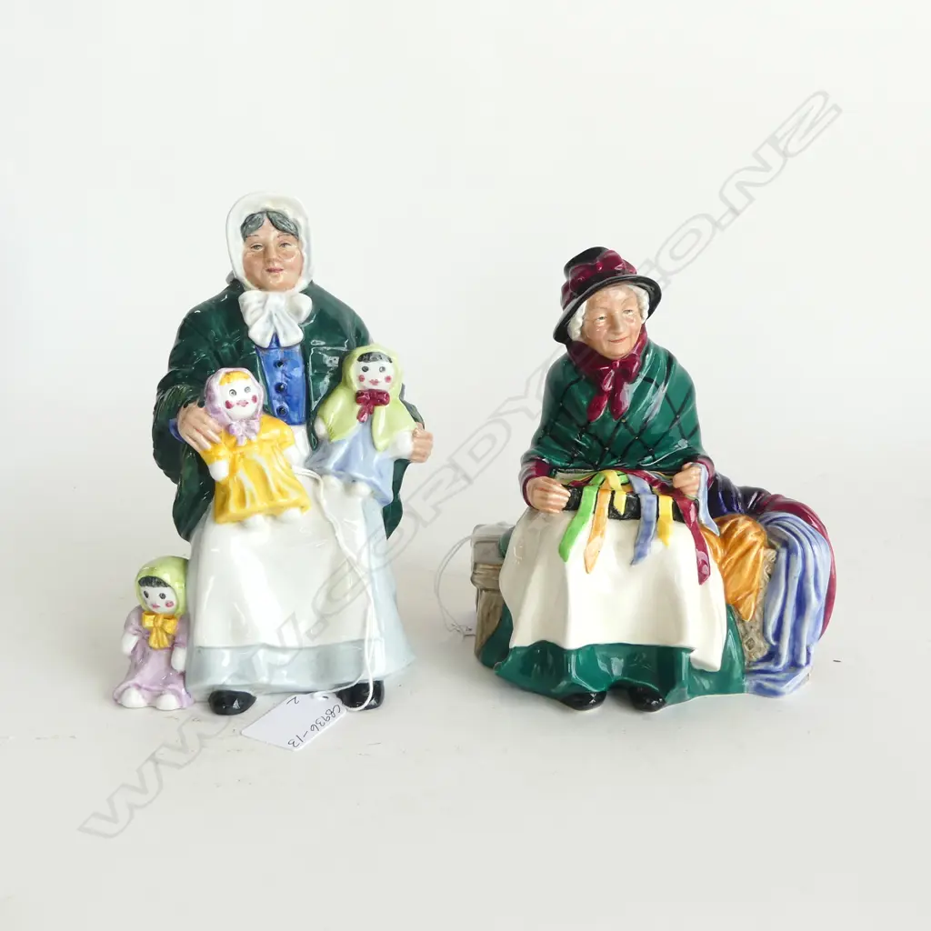 2 ROYAL DOULTON FIGURES 'SILKS & RIBBONS' H.160mm & 'THE RAG DOLL SELLER' H.180mm Image 1++