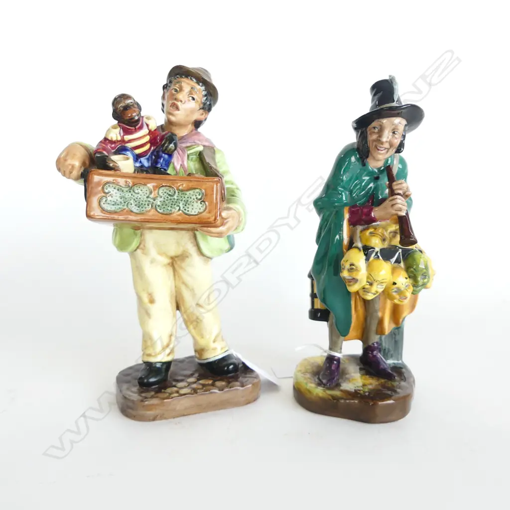 2 ROYAL DOULTON FIGURES 'THE ORGAN GRINDER' & 'THE MASK SELLER' H.220mm Image 1++