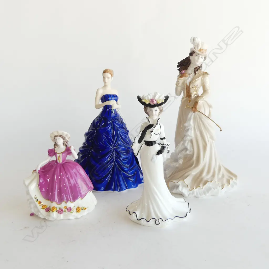 4 FIGURINES; COALPORT 'HELENA RIDING IN HYDE PARK' H.215mm, ROSE, LADY FRANCES, R. DOULTON 'THANK YOU' (BLUE DRESS) Image 1++