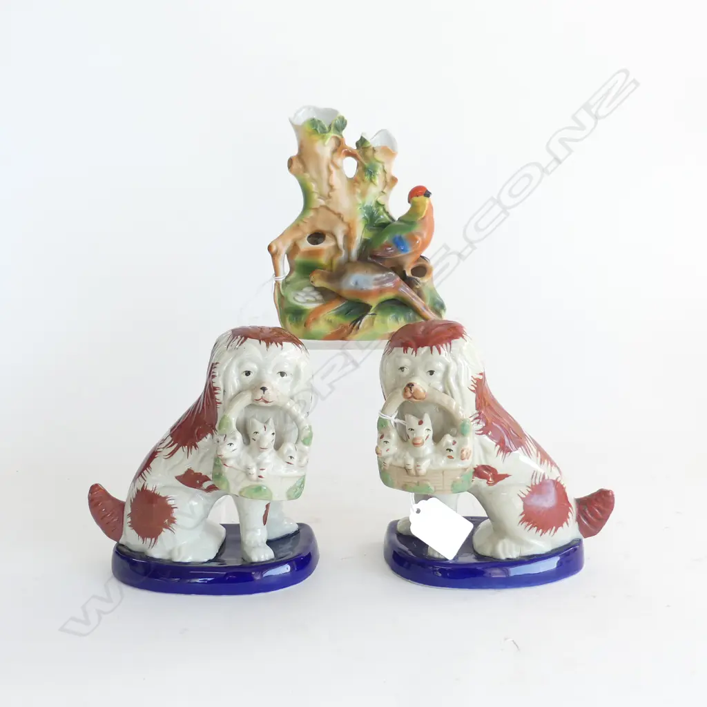 PR MANTEL DOGS w BASKETS 150mm & GERMAN PORCELAIN SPILL VASE w BIRDS H.160mm Image 1++