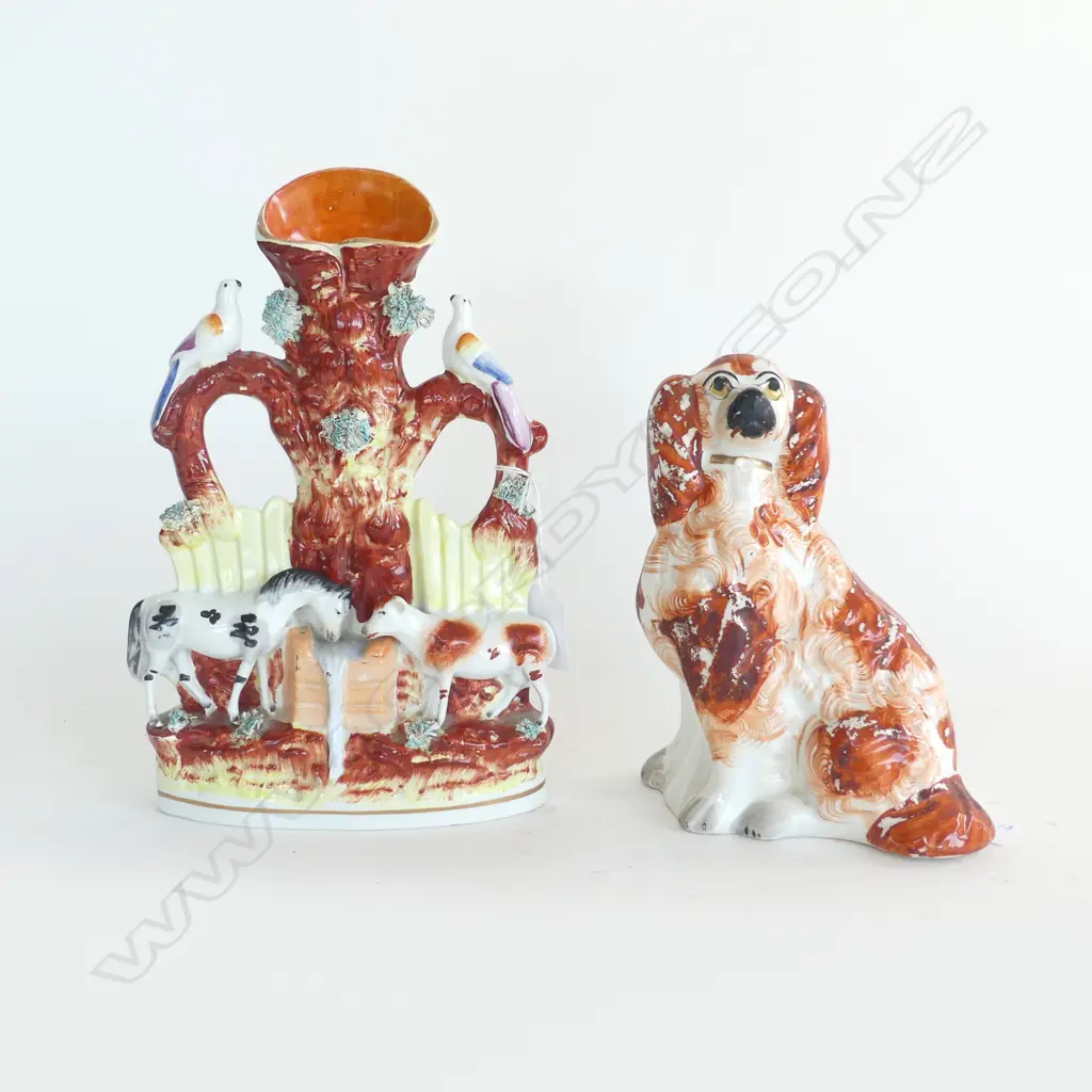 2 PCS STAFFORDSHIRE; VICTORIAN FLATBACK SPILL VASE, HORSES & BIRDS H.260mm & RED/WHITE SPANIEL (surface damage) H.180mm Image 1++