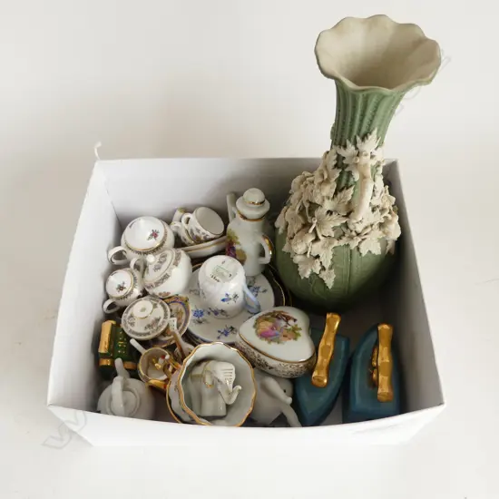 ASST. MINIATURE CHINA; LIMOGES, WEDGWOOD, COALPORT, ETC
