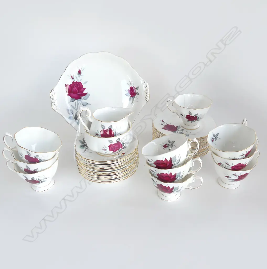 ROYAL ALBERT 'SWEET ROMANCE' TEA SET; 10 CUPS (1 w. HAIRLINE), 11 SAUCERS, 12 PLATES, CAKE PLATE, MILK & SUGAR Image 1++
