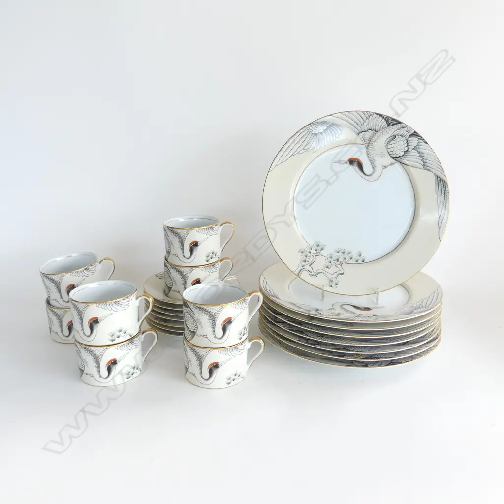 23 PCES FITZ & FLOYD 'CRANE WITH PINE' JAPANESE DINNERWARE; 8 PLATES 260mm dia, 8 CUPS, 7 SAUCERS Image 1++