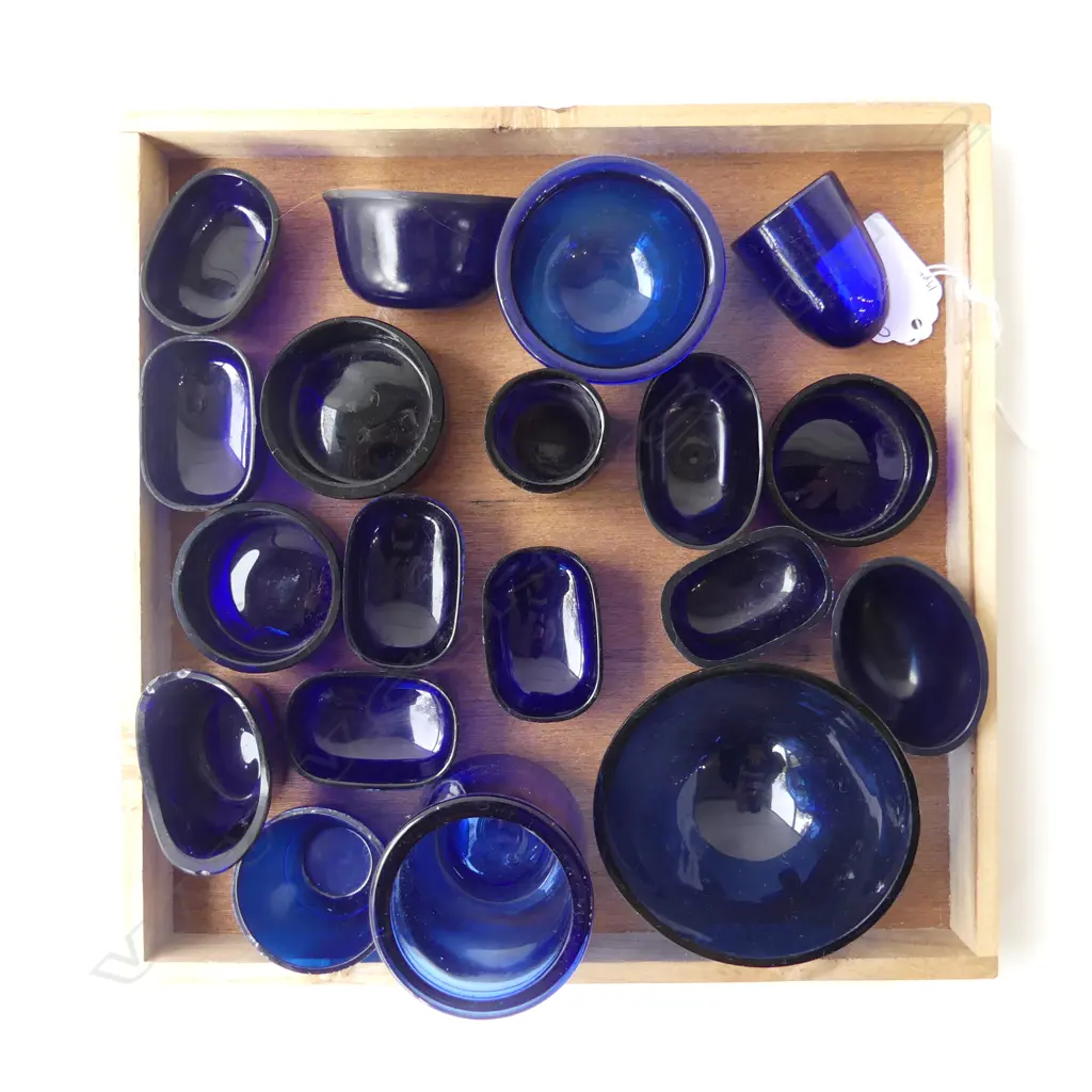 19 VINTAGE COBALT BLUE GLASS LINERS ASSTD. GLASS & PLASTIC, L.45MM-80MM Image 1++