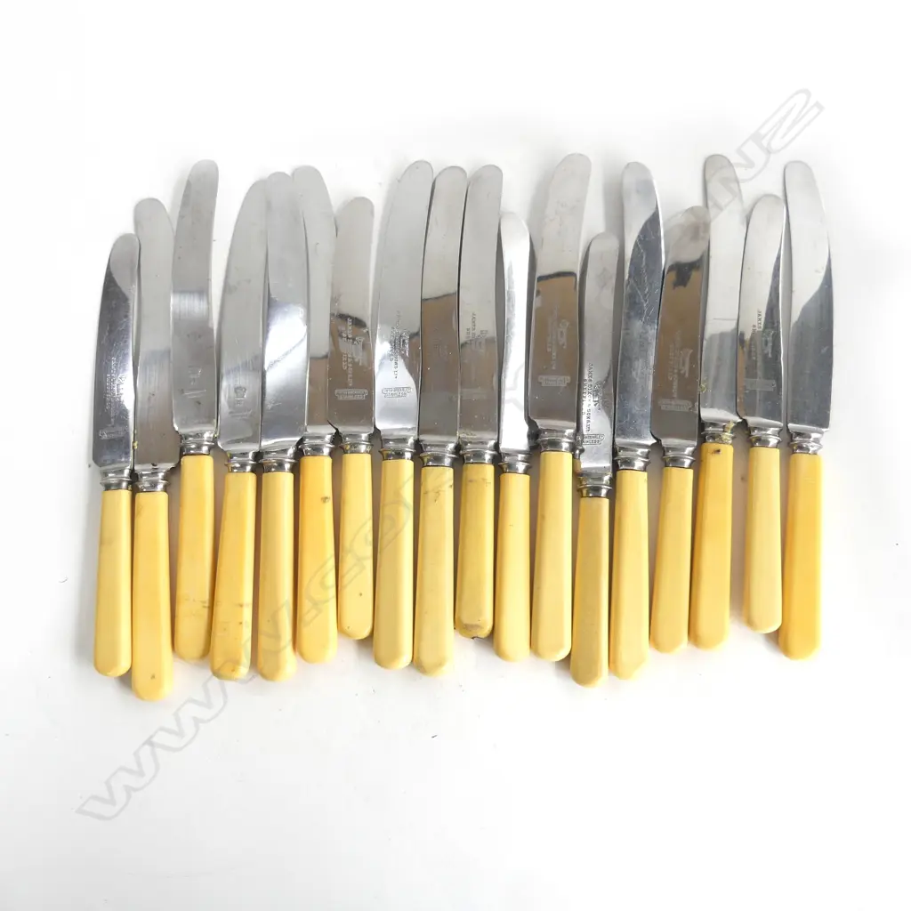 APPROX 17 VINTAGE CASEIN HANDLES SHEFFIELD STEEL TABLE KNIVES Image 1++