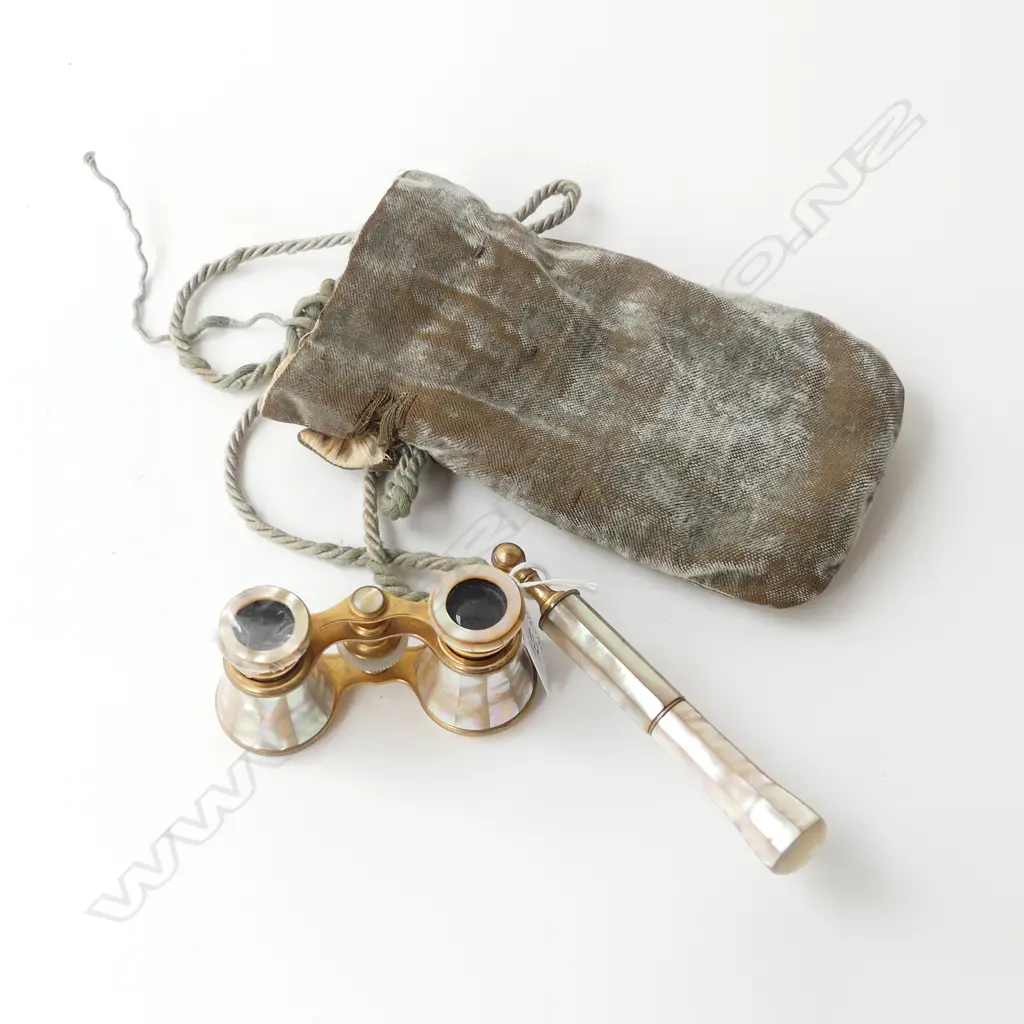 ANTIQUE MOP OPERA GLASSES w ARTICULATED ARM MADE BY DERAISME PARIS (sml pc mop missing), w VELVET BAG AF Image 1++
